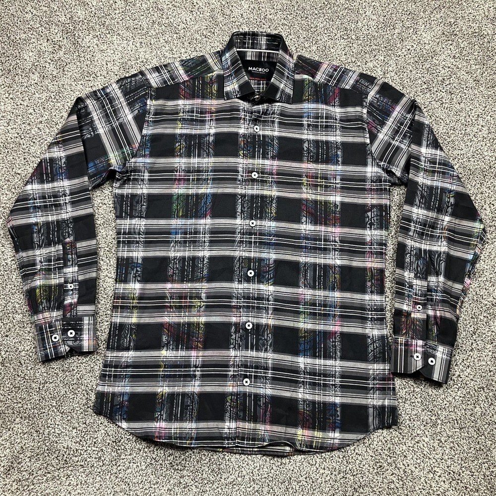 Maceoo Shirt Mens 2 Small Fibonacci Paisley Plaid Blk Preppy Cotton Casual Italy